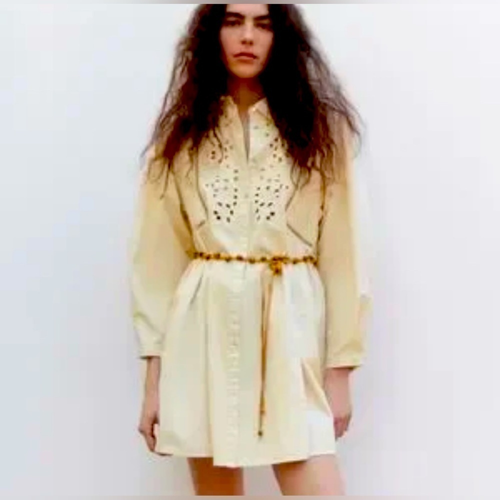 ZARA Sz L Collared Cream Shirt Dress Eyelet Lace Front Puff Sleeves Beaded Belt